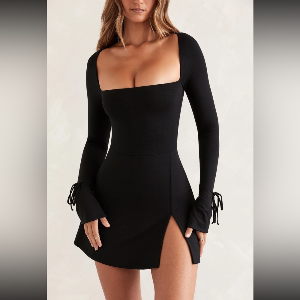 Oh Polly Black Long Sleeve Dress with Slit